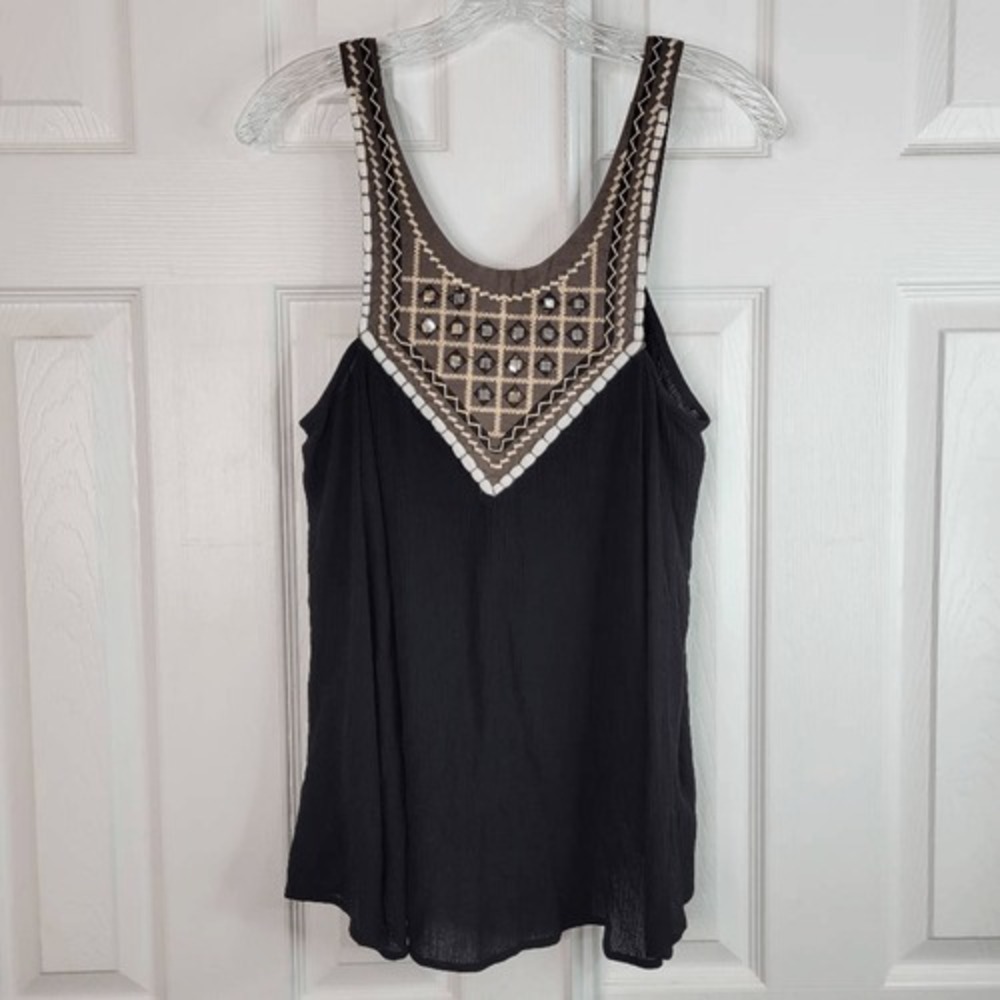 Umgee Tank Top Small Black Crepe Embroidered Mirrored Accents